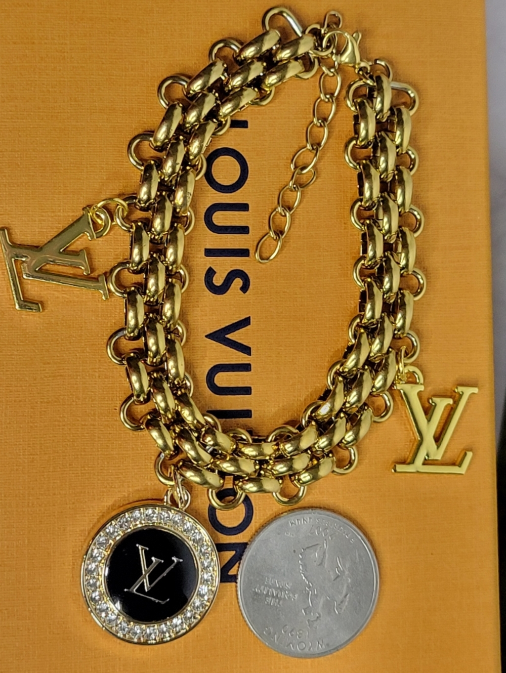 Gold Plated Multi Charm LV zip Pull Bracelet, Adjustable